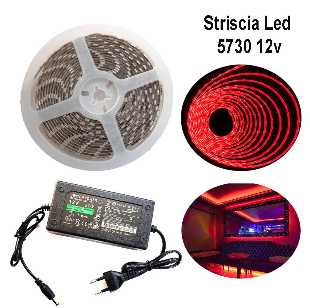 BANDEAU RUBAN LED 5730 5M ADHÉSIF LUMIÈRE IP65 ALIMENTATION 12V 5A ROUGE 12W/M
