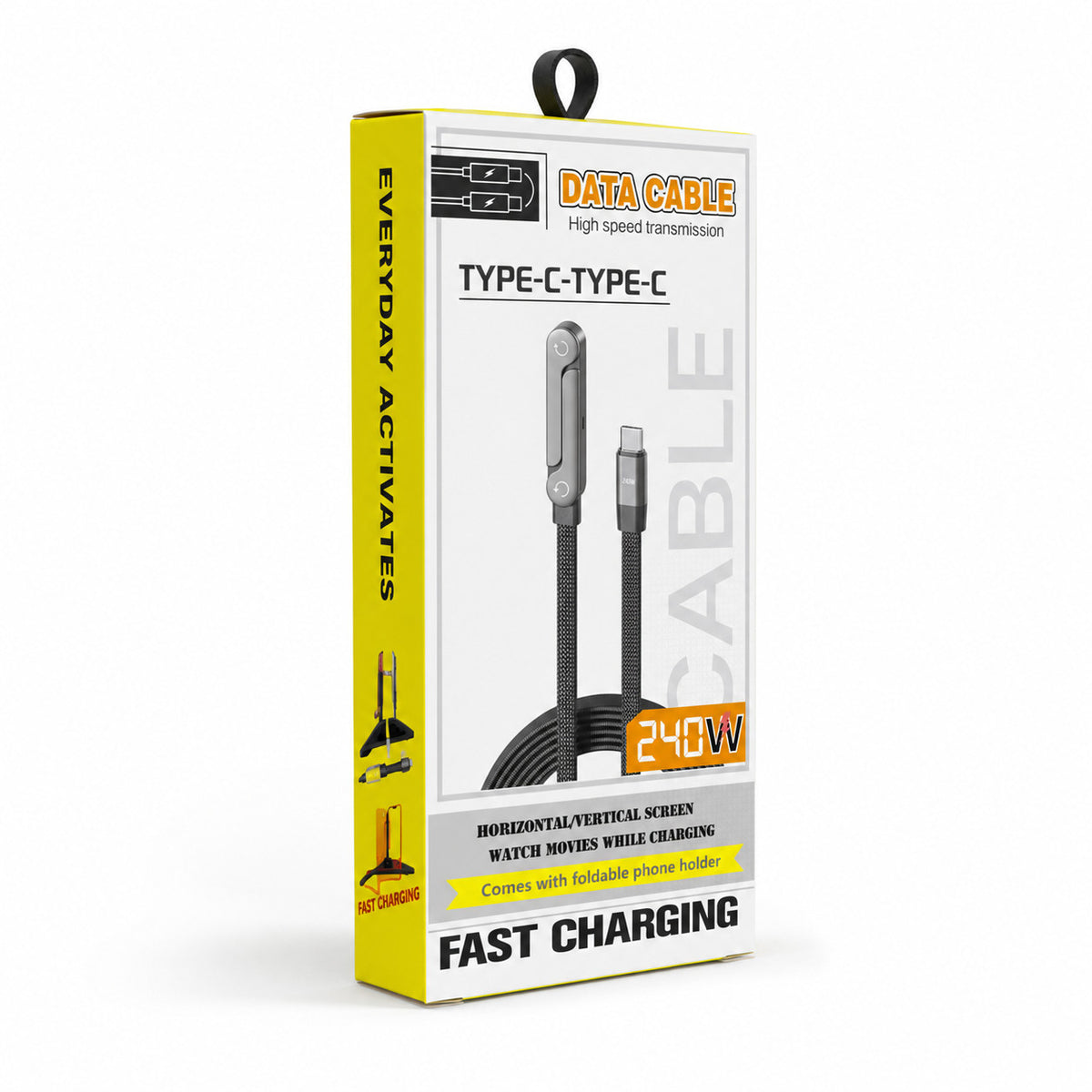 CÂBLE TYPE-C VERS TYPE-C 240W CHARGE RAPIDE SUPPORT SMARTPHONE PLIANT NOIR DONNÉES
