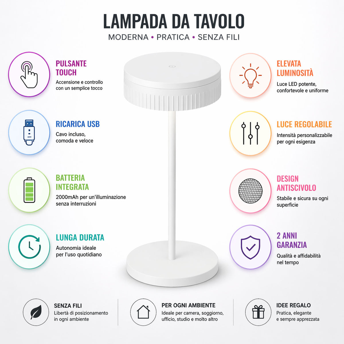 LAMPADA TAVOLO LED RICARICABILE TOUCH USB 2000MAH DESIGN MODERNO BIANCA LPT146