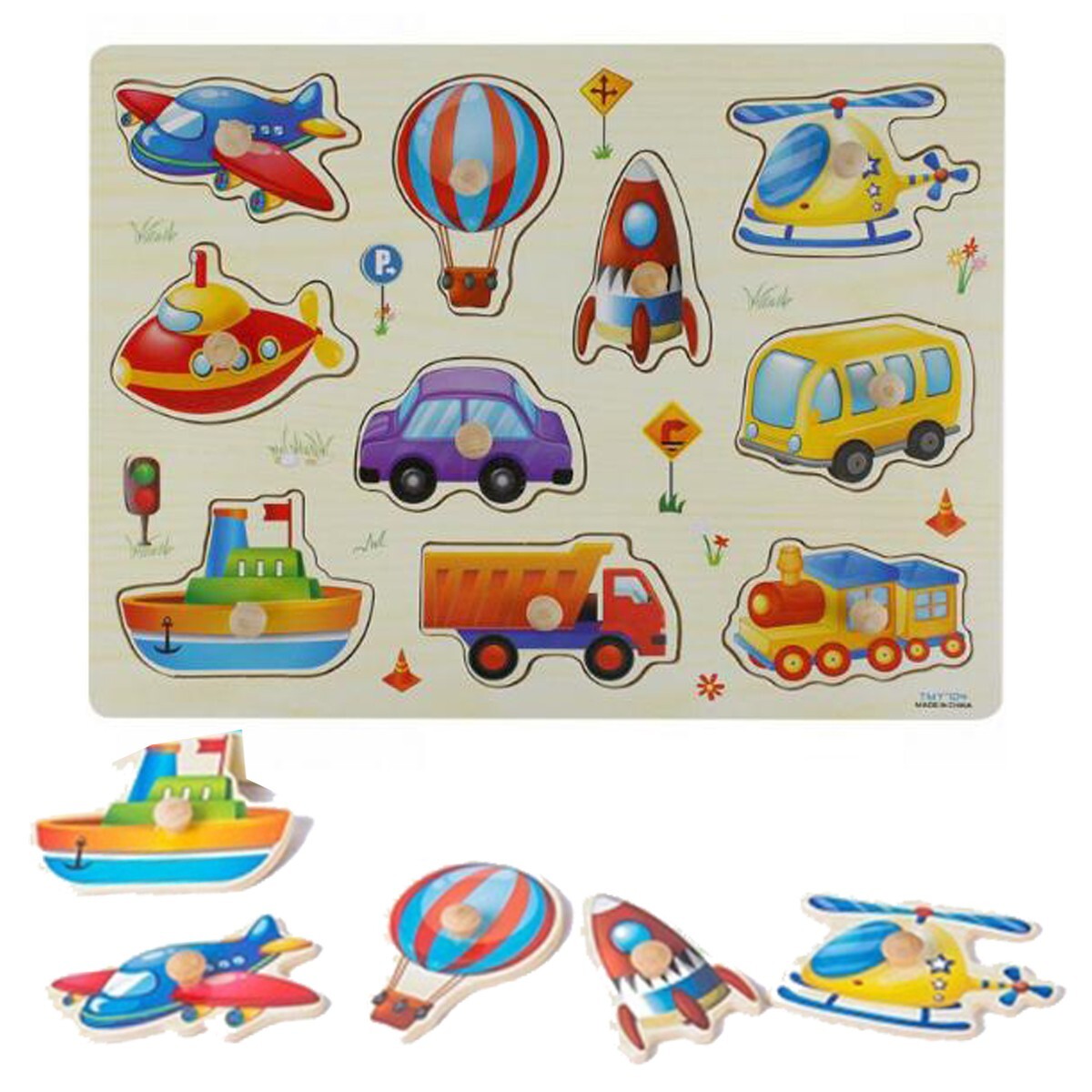 PUZZLE EN BOIS À ENCASTRER ÉDUCATIF VÉHICULES VOITURE BUS SENSORIEL ENFANTS 07533