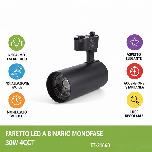 SPOT LED RAIL 30W MONOPHASÉ NOIR 3CCT 3000 4000 6000K 2740LM ET-21660