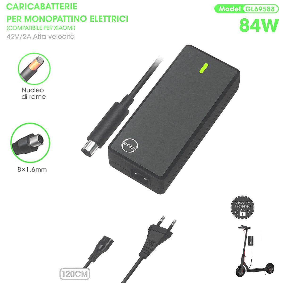 CARICATORE UNIVERSALE 42V 2A 84W PER MONOPATTINO ELETTRICO LED RICARICA AS-05973