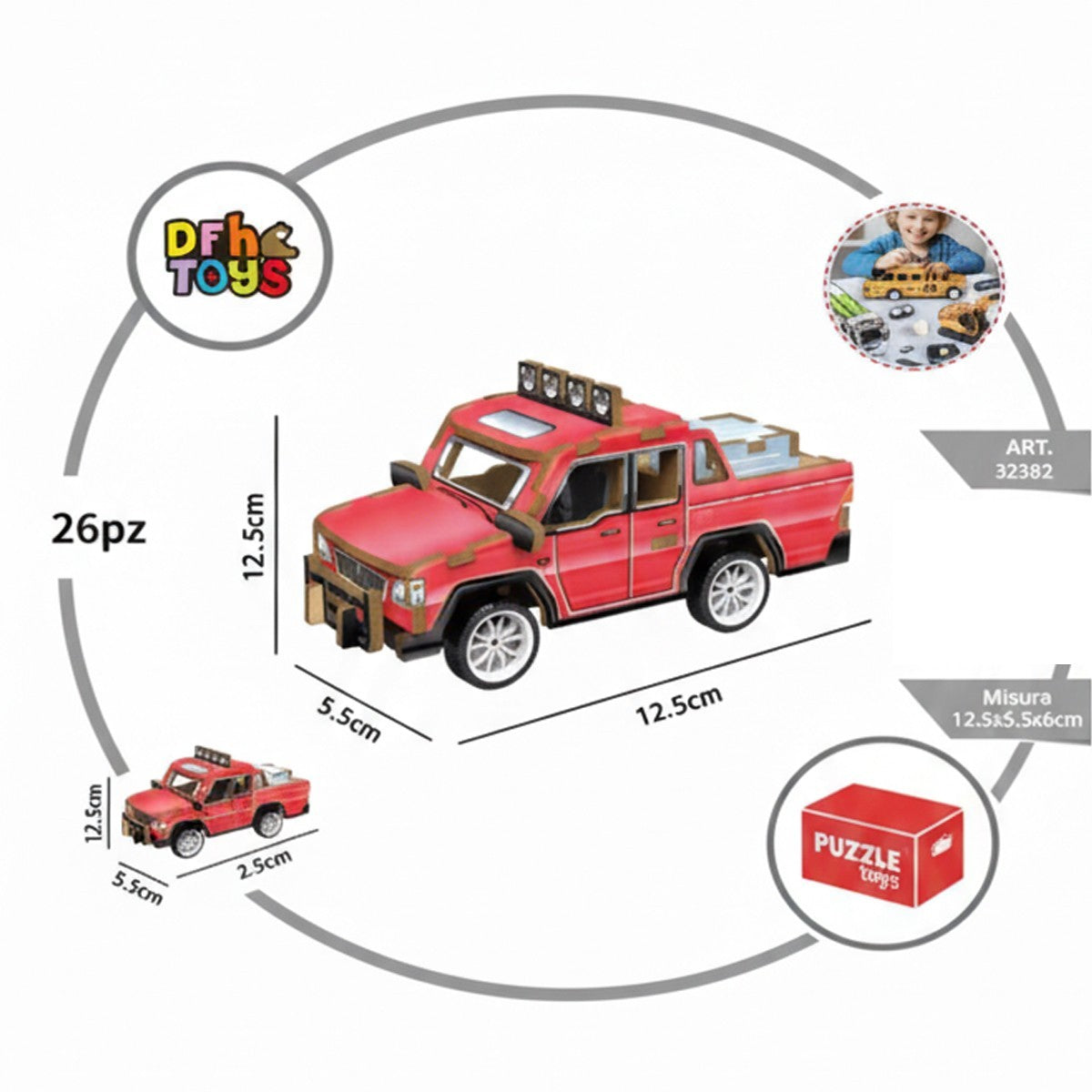 PUZZLE 3D PICKUP ROSSO AUTO LEGNO GIOCO COSTRUZIONI BAMBINI MODELLISMO 32382