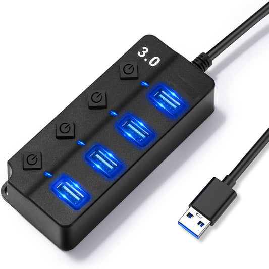 HUB USB 3.0 4 PORTS INTERRUPTEURS INDÉPENDANTS LED TRANSFERT DE DONNÉES AS-08055