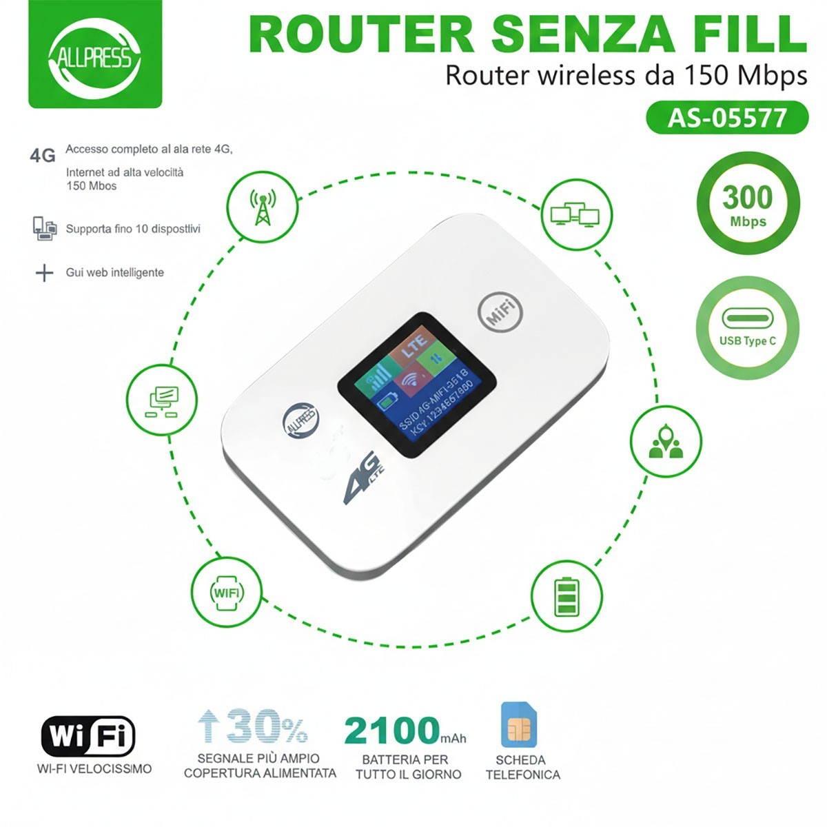 ROUTER WIFI PORTATILE 4G LTE SENZA FILI 300MBPS HOTSPOT PC  USB C AS-05577