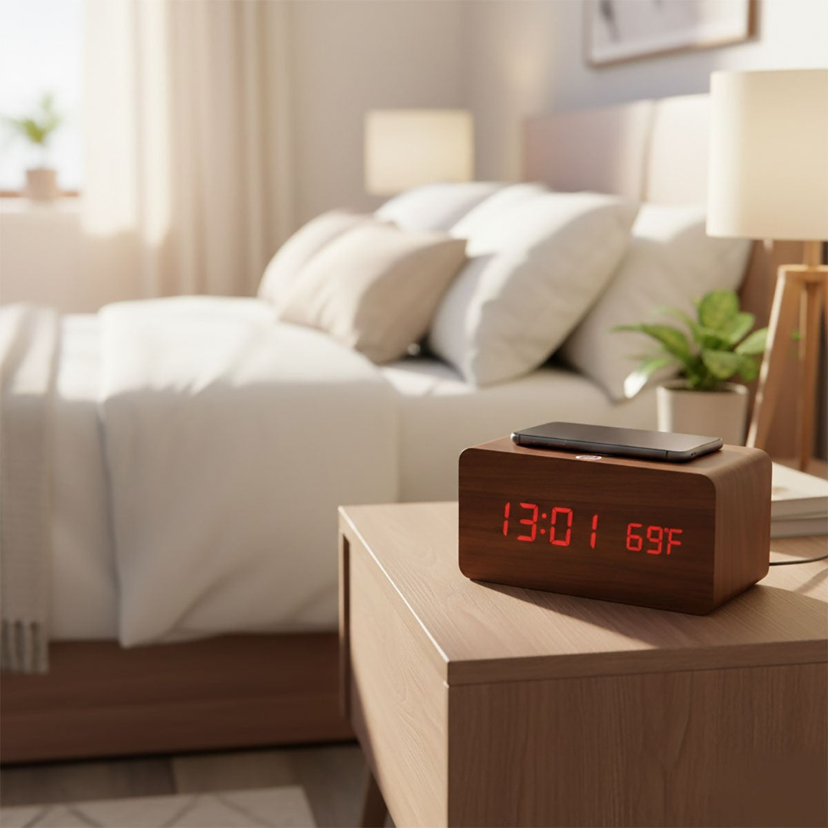 RÉVEIL NUMÉRIQUE MULTIFONCTION BOIS LED RECHARGE SANS FIL TEMPÉRATURE 06724
