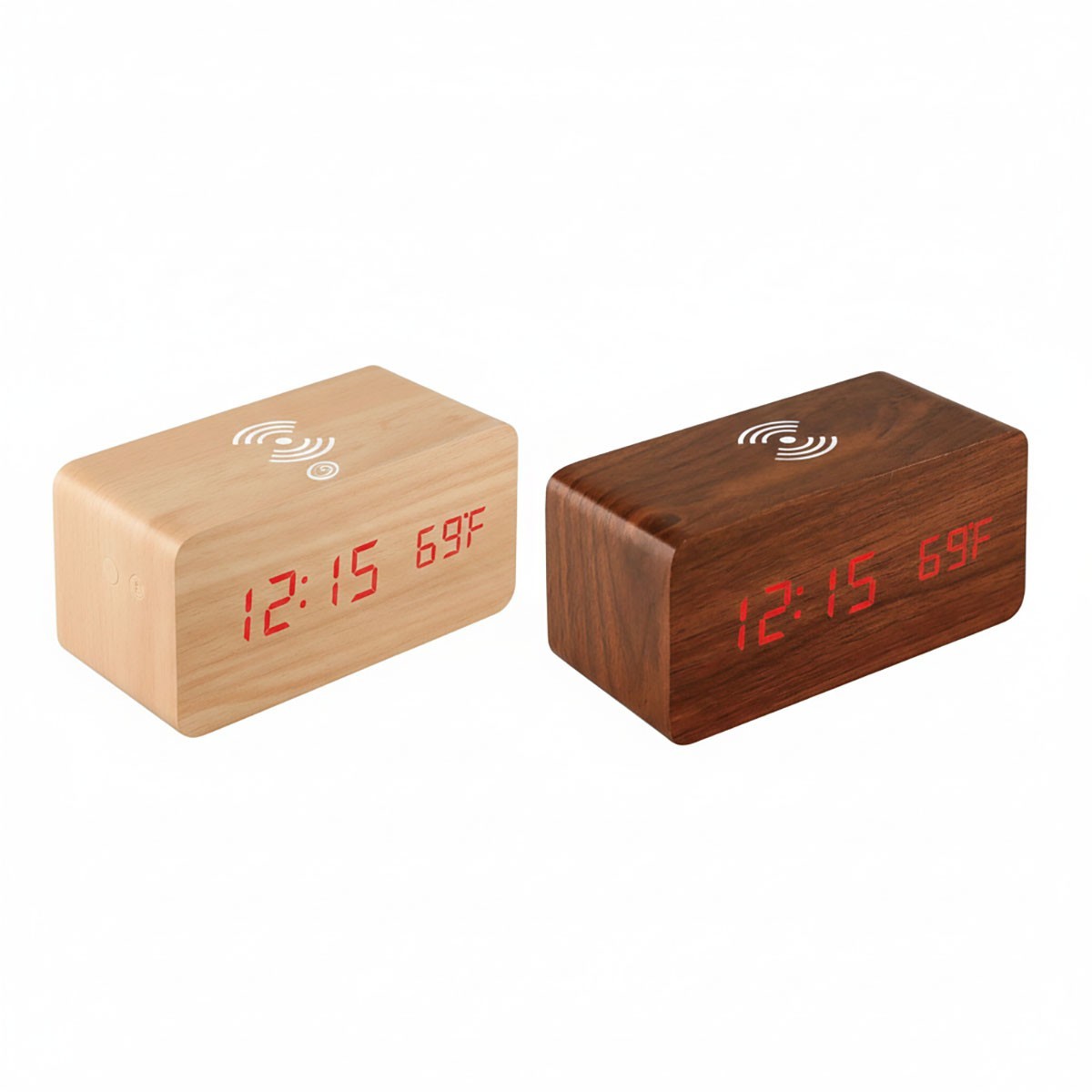 RÉVEIL NUMÉRIQUE MULTIFONCTION BOIS LED RECHARGE SANS FIL TEMPÉRATURE 06724