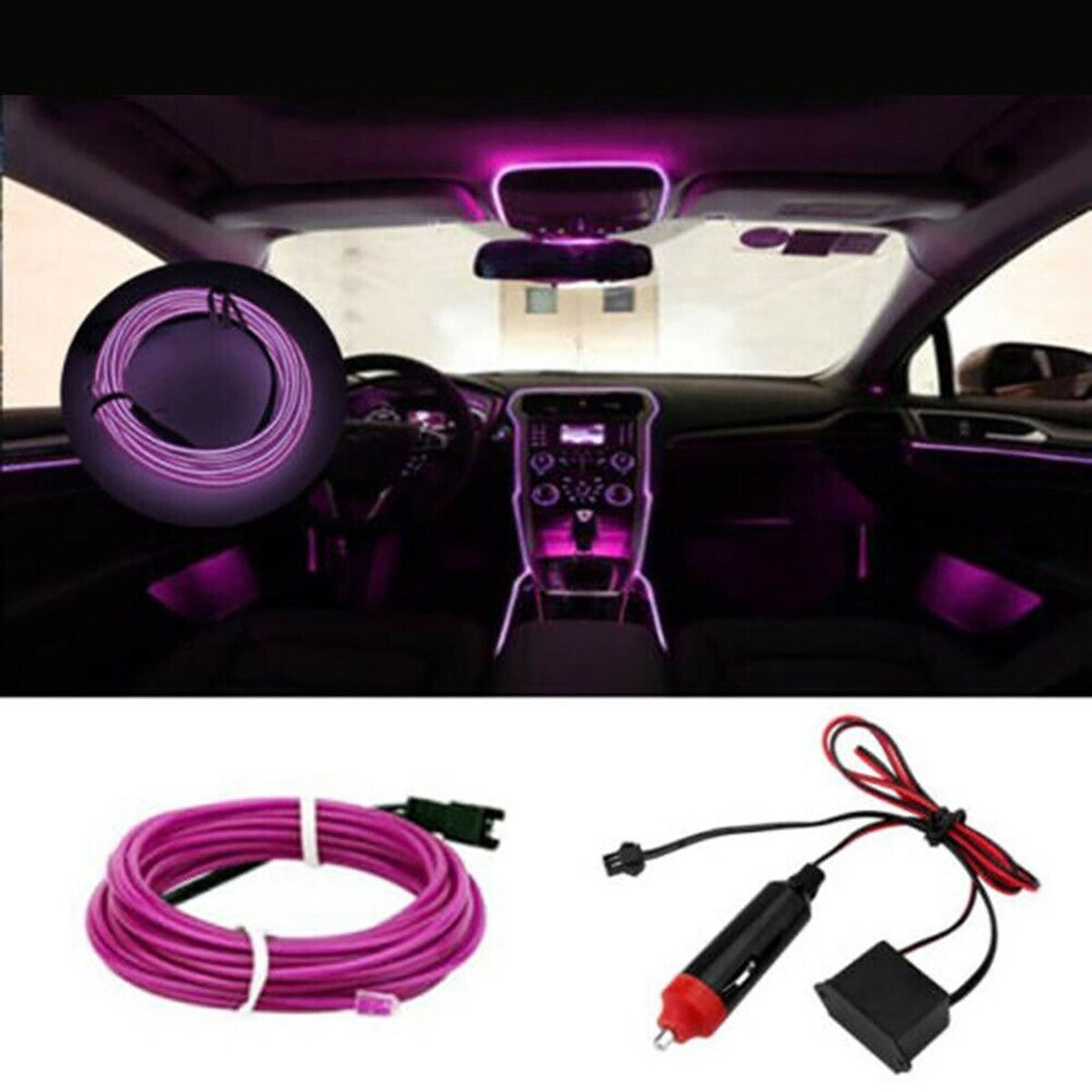 STRISCIA INTERNI LUCE AUTO FIBRA OTTICA 12V DECORAZIONE FILO 3MT VIOLA 48