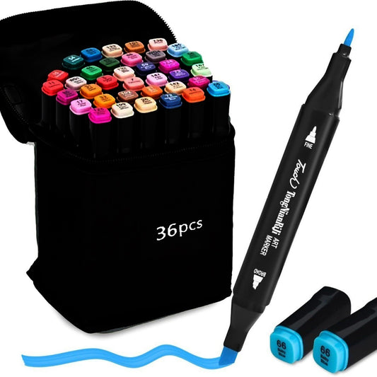 SET 36 MARQUEURS DOUBLE POINTE À ALCOOL AVEC TROUSSE POUR DESSIN ENFANTS ADULTES