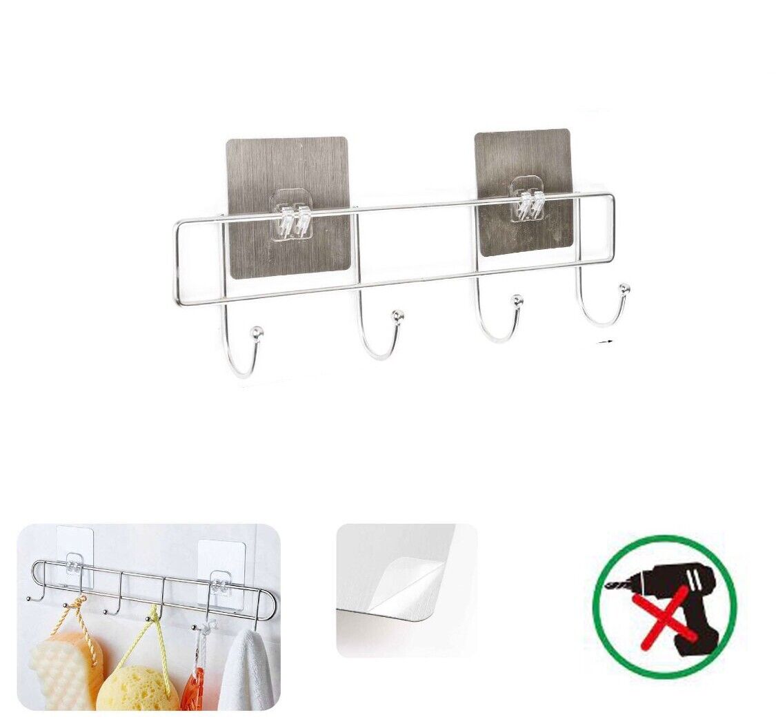 PORTA ASCIUGAMANI CON 4 GANCI BAGNO PARETE SALVIETTE GANCIO CASA ADESIVO 03482