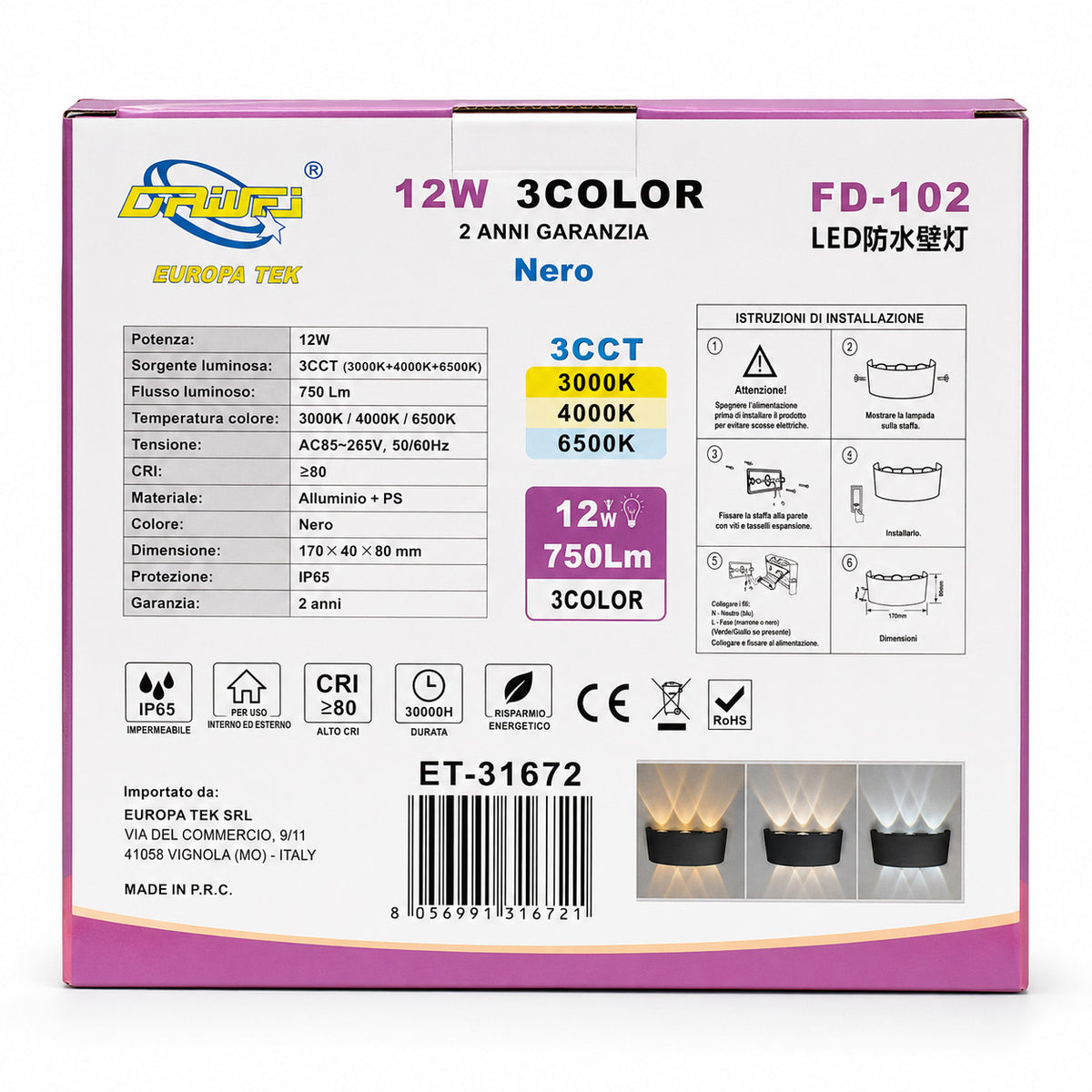APPLIQUE LED 12W ESTERNO LAMPADA PARETE NERA IP65 3000K 4000K 6000K ET-31672