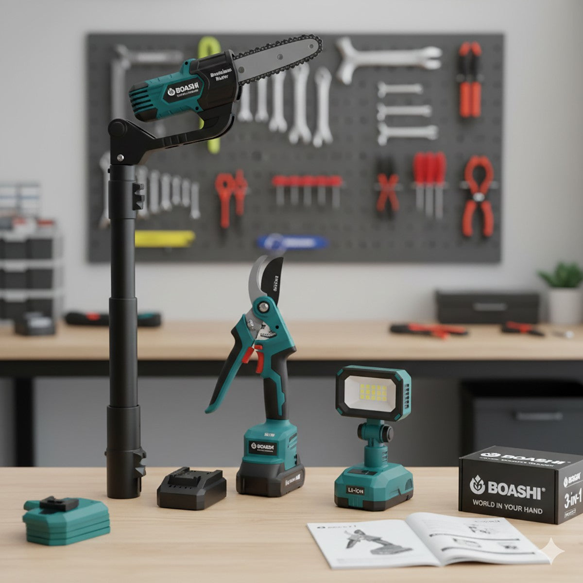 KIT DE TAILLE 3 EN 1 TRONÇONNEUSE CISEAUX PERCHE TÉLESCOPIQUE BATTERIE LAMPE BS-92014