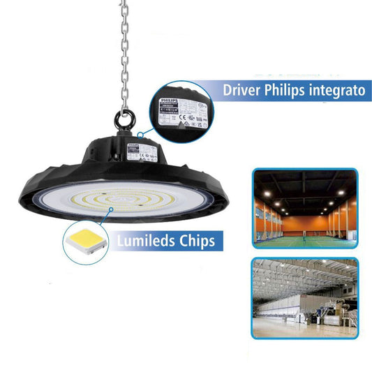 PHARE INDUSTRIEL LED DRIVER PHILIPS UFO 200W SUSPENSION LUMIÈRE 6500K