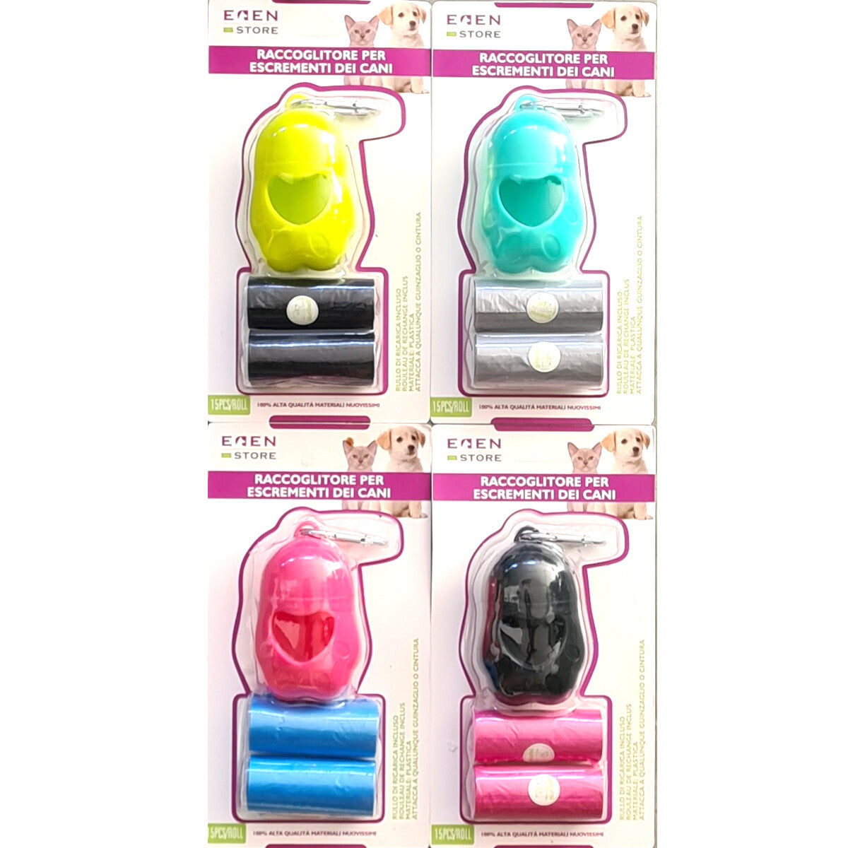 RACCOGLITORE PORTA SACCHETTI IGIENICI ESCREMENTI CANE 30 BUSTE FECI GANCIO CACCA