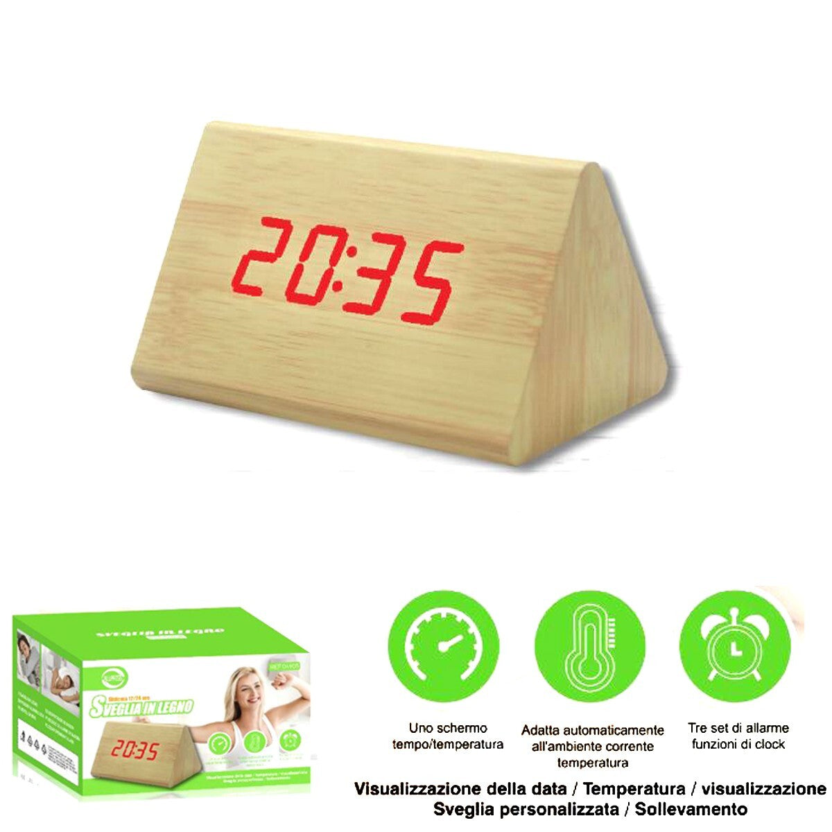 SVEGLIA OROLOGIO DIGITALE LED EFFETTO LEGNO SUONO ALLARME TEMPERATURA DATA 04905