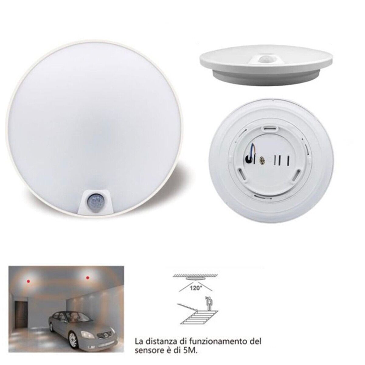 PLAFONIERA LED SOFFITTO ROTONDA 12W LUCE FREDDA SENSORE MOVIMENTO INFRAROSSI