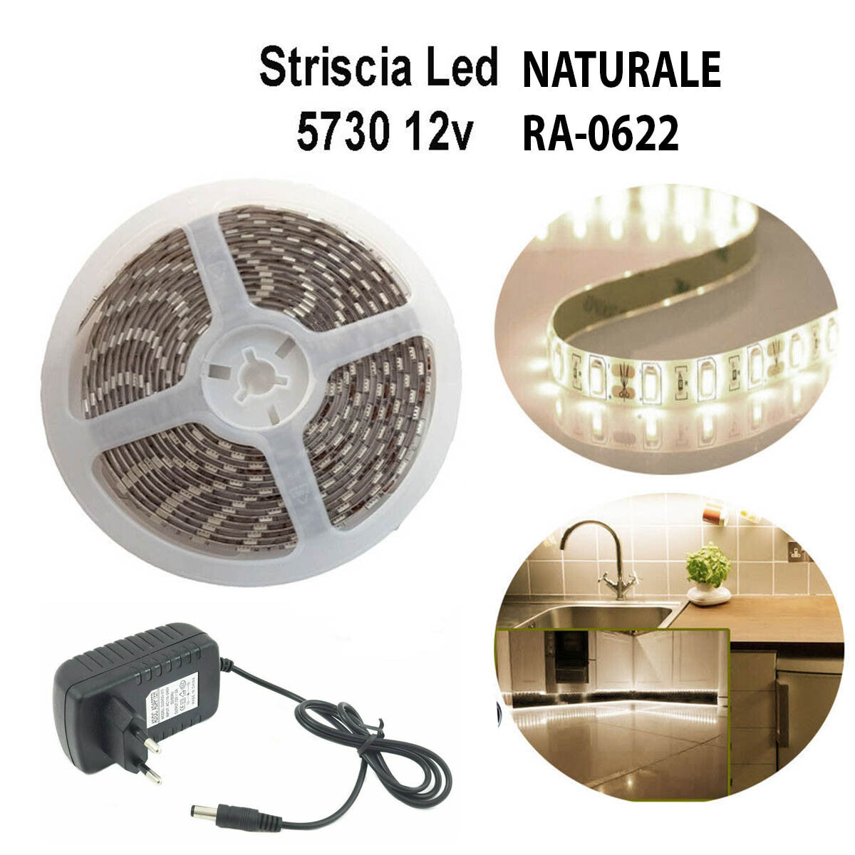BANDE LED 5730 5M LUMIÈRE BLANC NATUREL AUTOCOLLANTE IP65 AVEC ALIMENTATION 12V 2A
