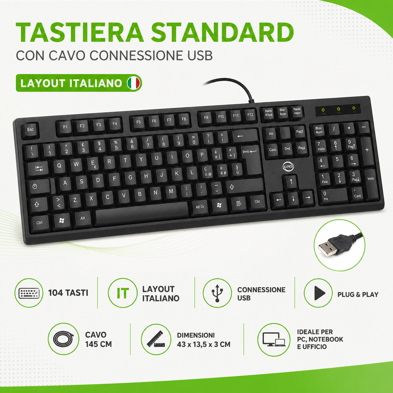 TASTIERA USB STANDARD 104 TASTI ITALIANA CABLATA PC  UFFICIO AS-05896