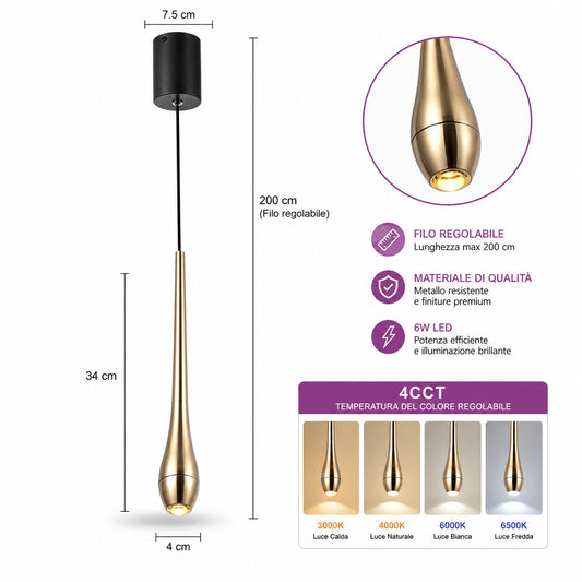 LAMPADARIO LED A SOSPENSIONE MODERNO SLIM ORO 6W DIMMERABILE CCT LP029