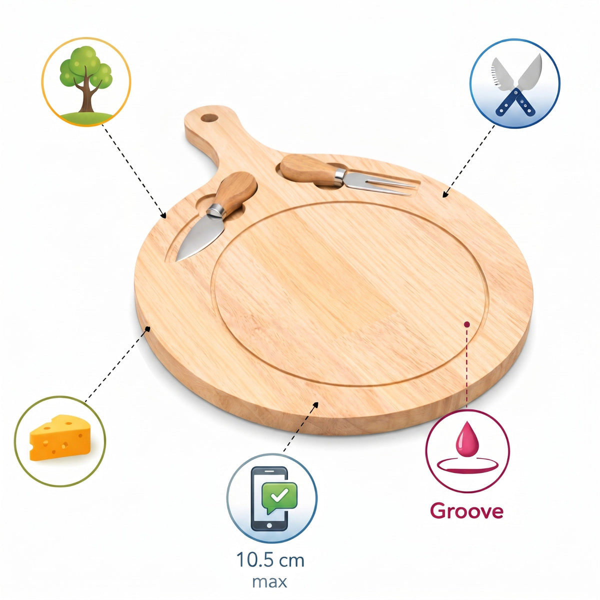 TAGLIERE ROTONDO LEGNO MANICO SET COLTELLI FORMAGGI 3 PEZZI VASSOIO APERITIVO