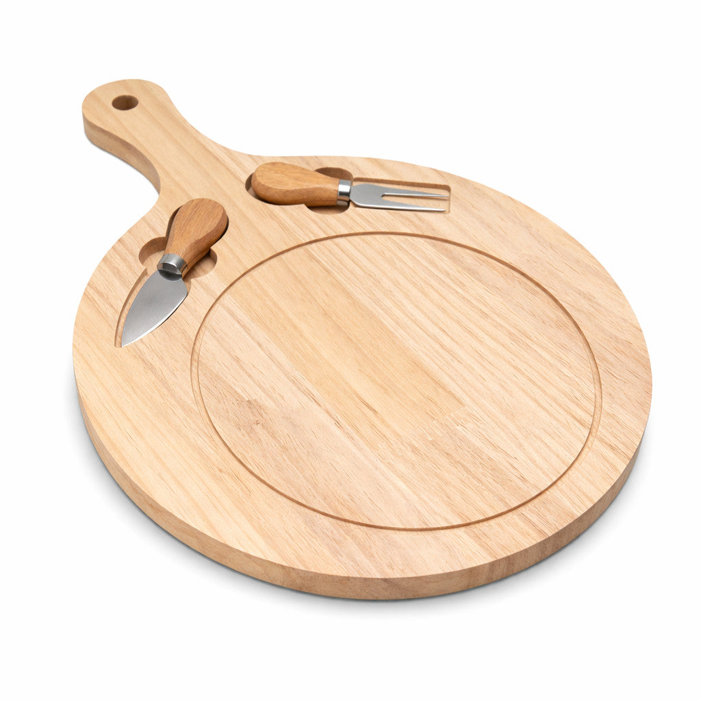 TAGLIERE ROTONDO LEGNO MANICO SET COLTELLI FORMAGGI 3 PEZZI VASSOIO APERITIVO