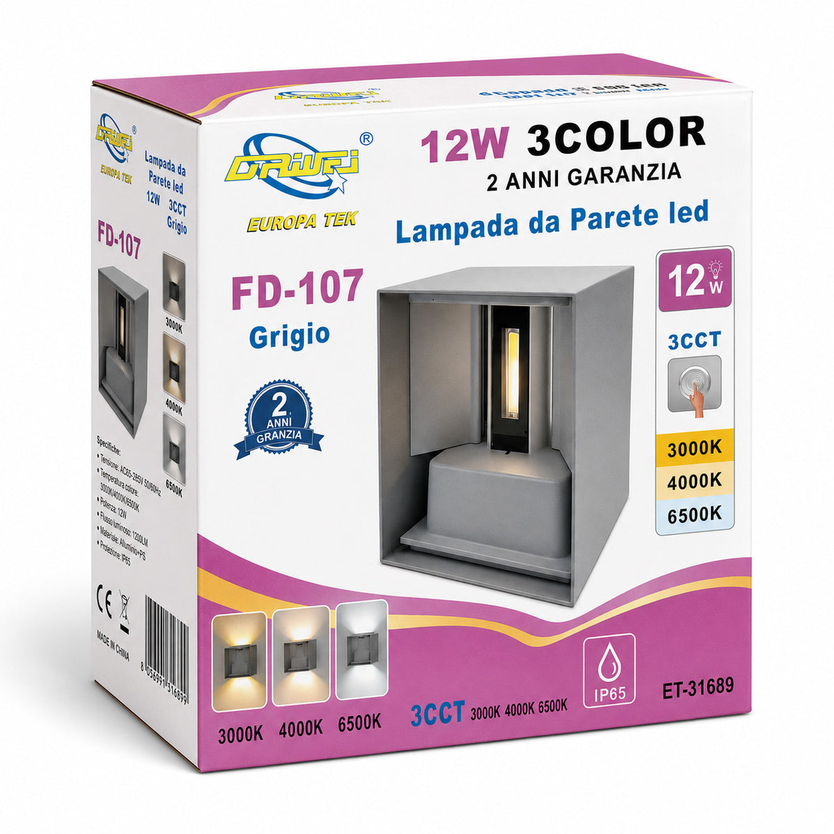 APPLIQUE LED 12W ESTERNO LAMPADA PARETE GRIGIO IP65 3000K 4000K 6000K ET-31689