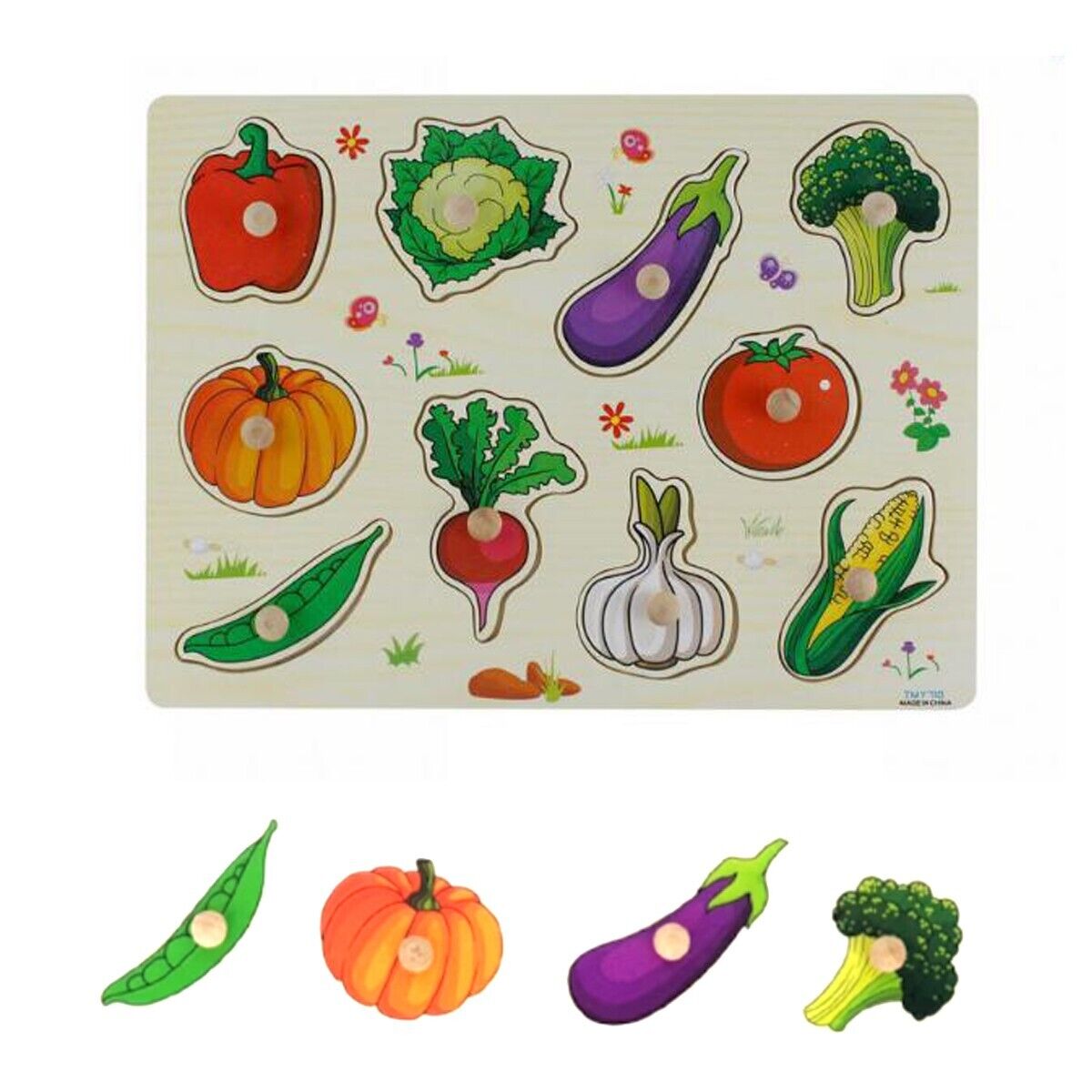 PUZZLE LEGNO INCASTRO EDUCATIVO VERDURE PEPERONI ZUCCA SENSORIALE BAMBINI 07534