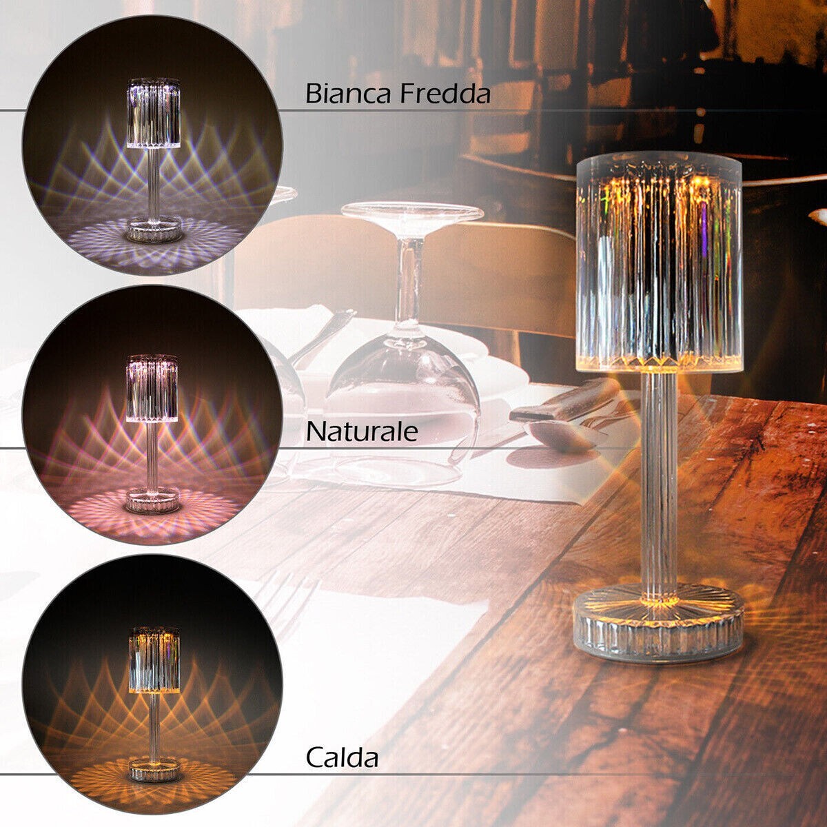 LAMPE DE TABLE LED RECHARGEABLE 3 TONALITÉS DE LUMIÈRE EFFET CRISTAL 1008