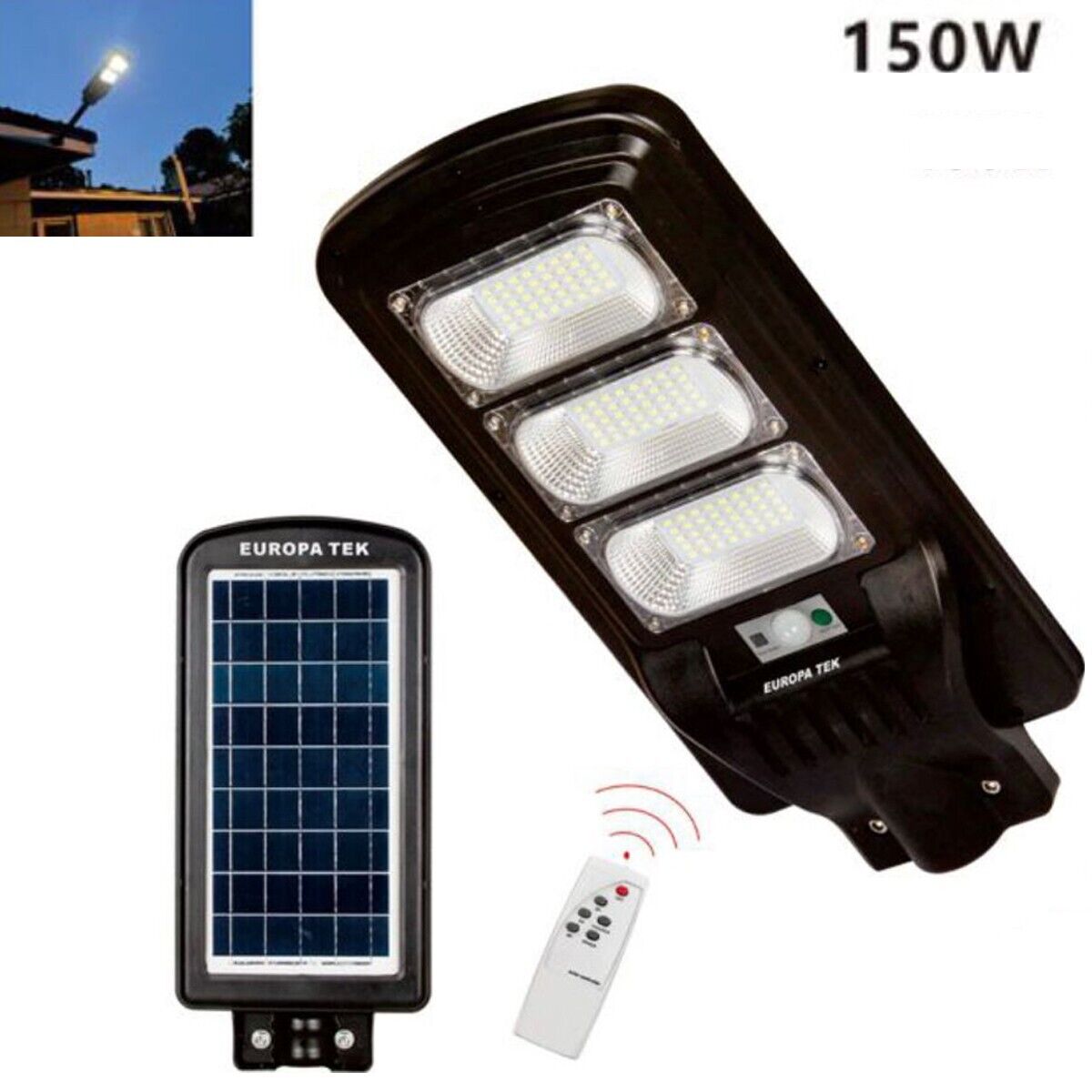 LAMPIONE SOLARE  STRADALE FARO LED ESTERNO SENSORE DI MOVIMENTO TELECOMANDO 150W