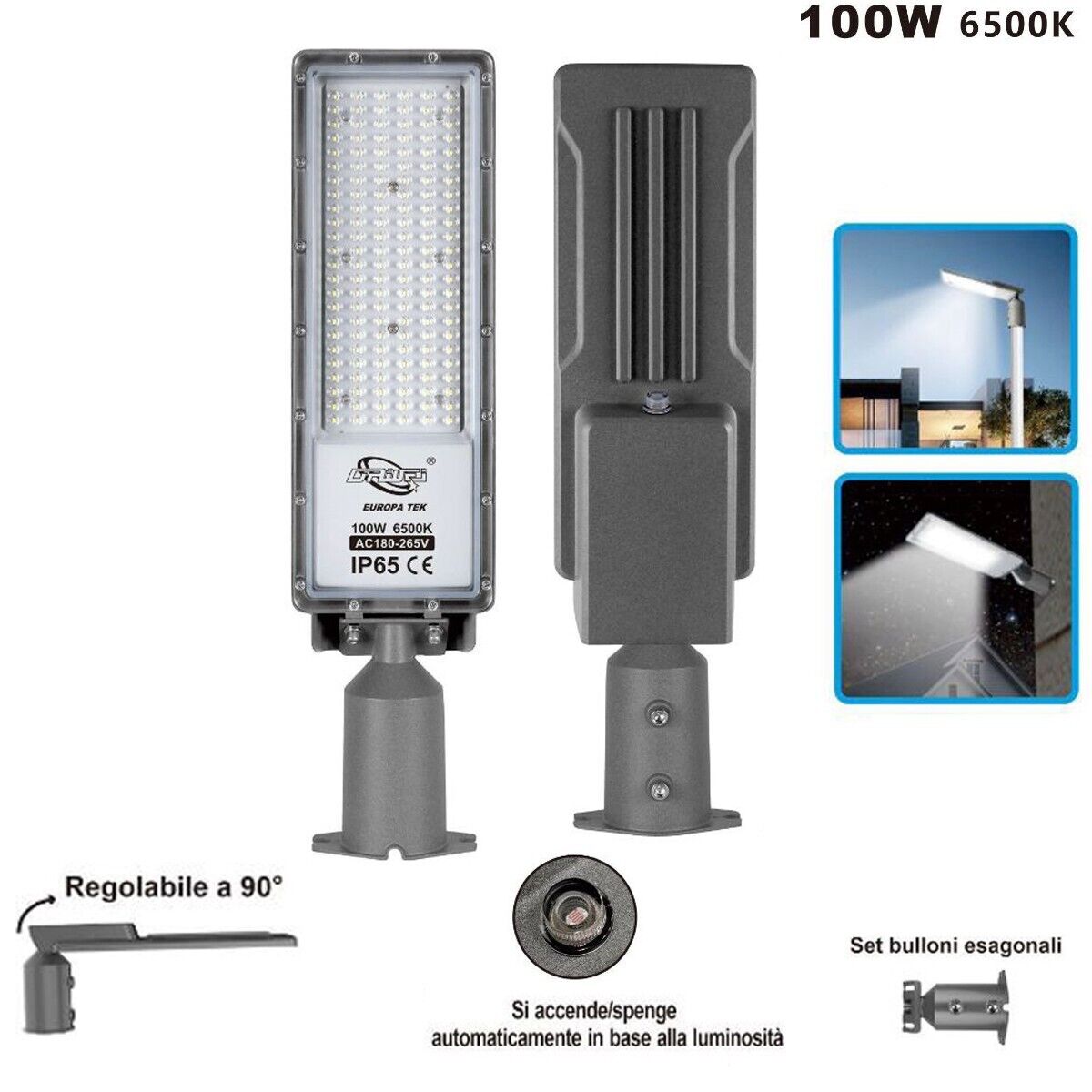 LAMPIONE STRADALE FARO A LED 6500K LUCE FREDDA ESTERNO REGOLABILE 90° LD-FX 100W