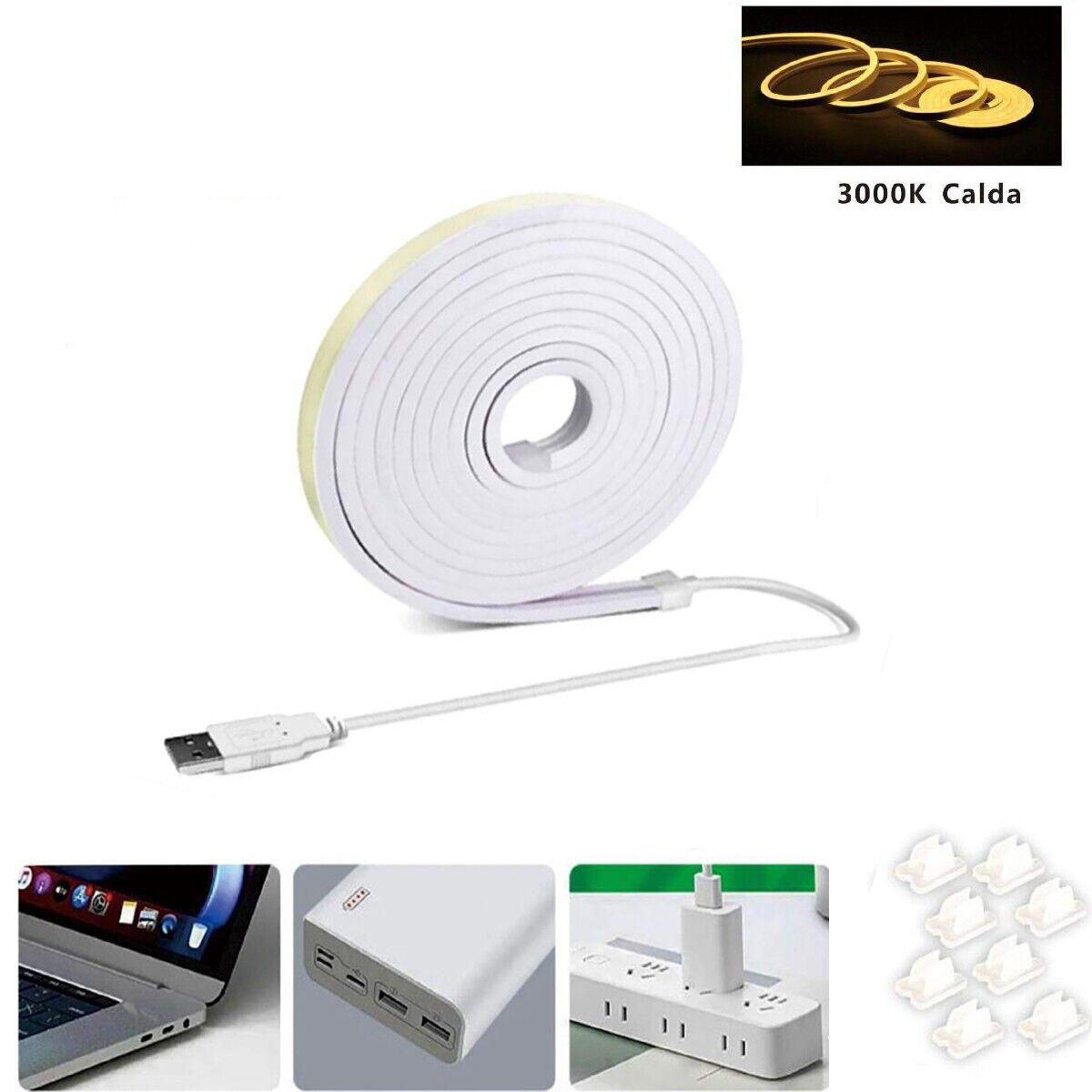 STRISCIA LED FLESSIBILE PER GANCI BINARIO SOFFITTO SCRITTA USB LUCE BIANCO CALDO