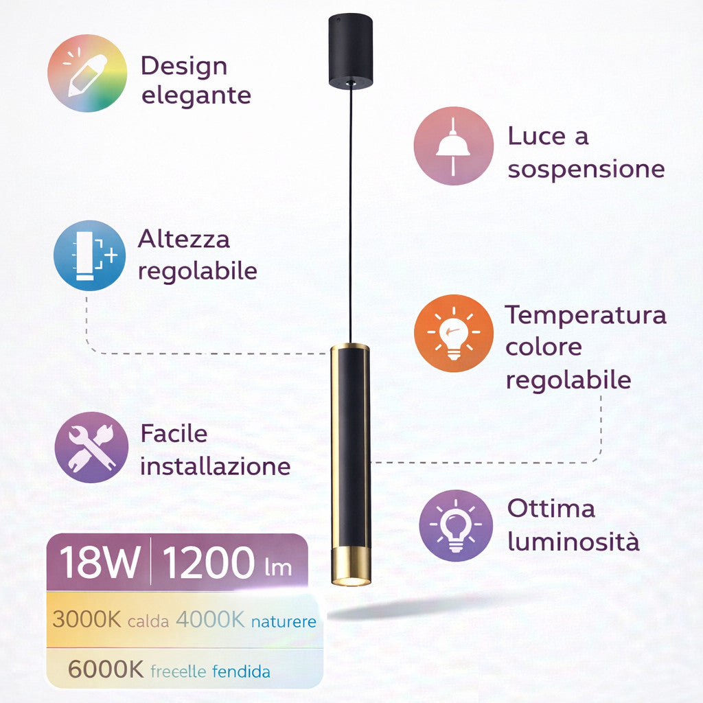 LAMPADA SOSPENSIONE LED 18W REGOLABILE 3 COLORI 3000K 4000K 6000K 1200LM LP005