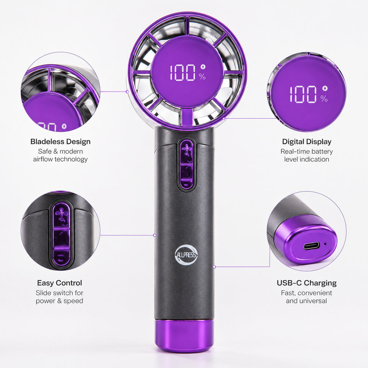 VENTILATORE PORTATILE RICARICABILE ARIA DISPLAY DIGITALE USB MINI FAN AS-06637