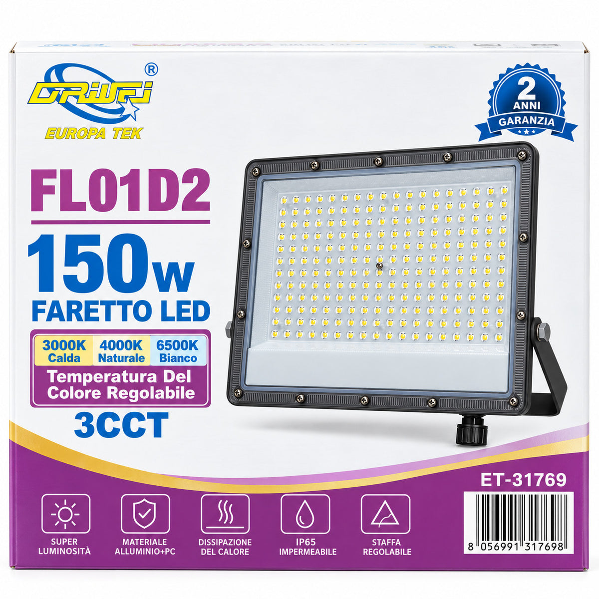 FARO LED 150W ESTERNO IP65 FARETTO GIARDINO 3CCT 3000K 4000K 6500K LUCE ET-31769