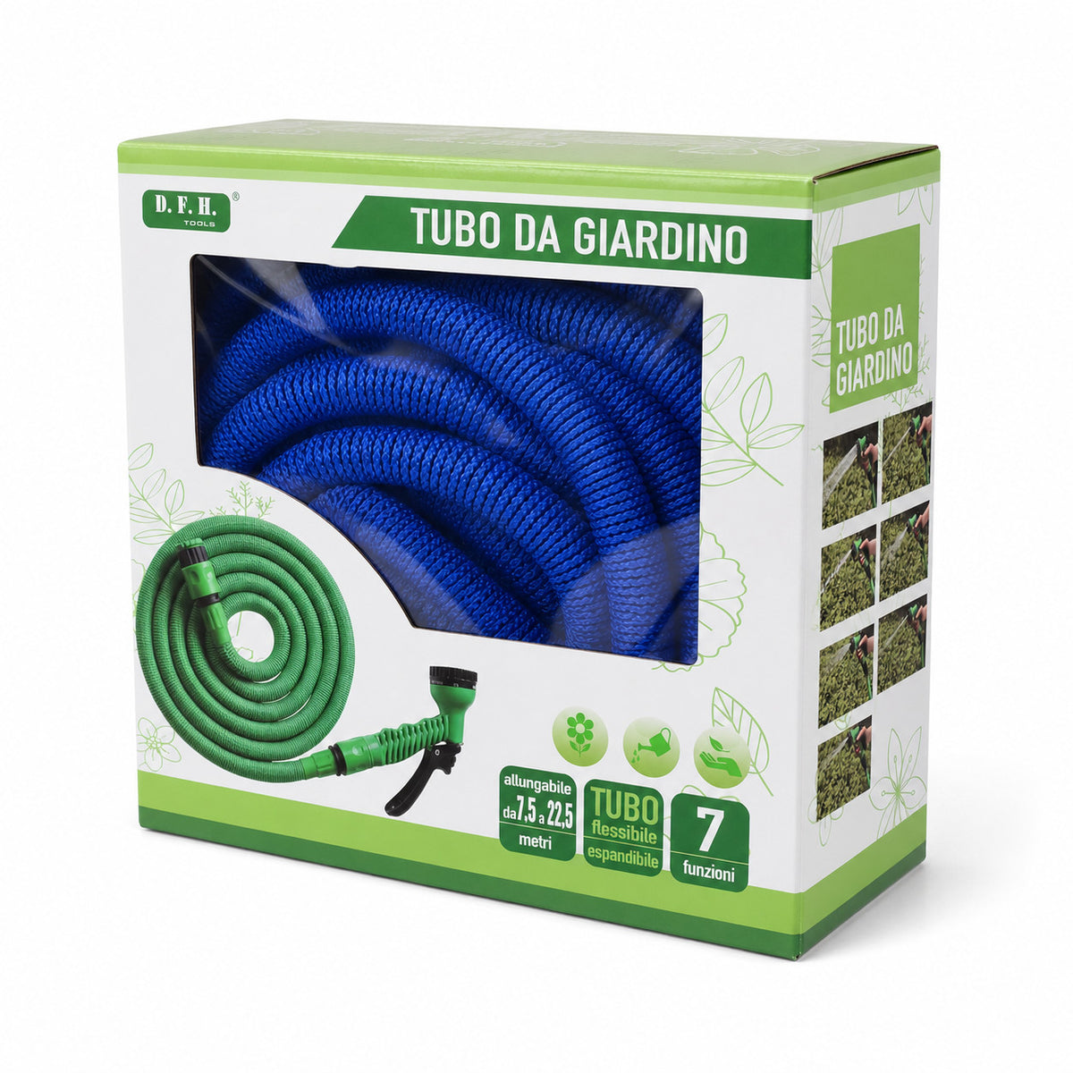TUBO DA GIARDINO PIANTE FLESSIBILE ESTENSIBILE 22,5 METRI CON PISTOLA 7 FUNZIONI
