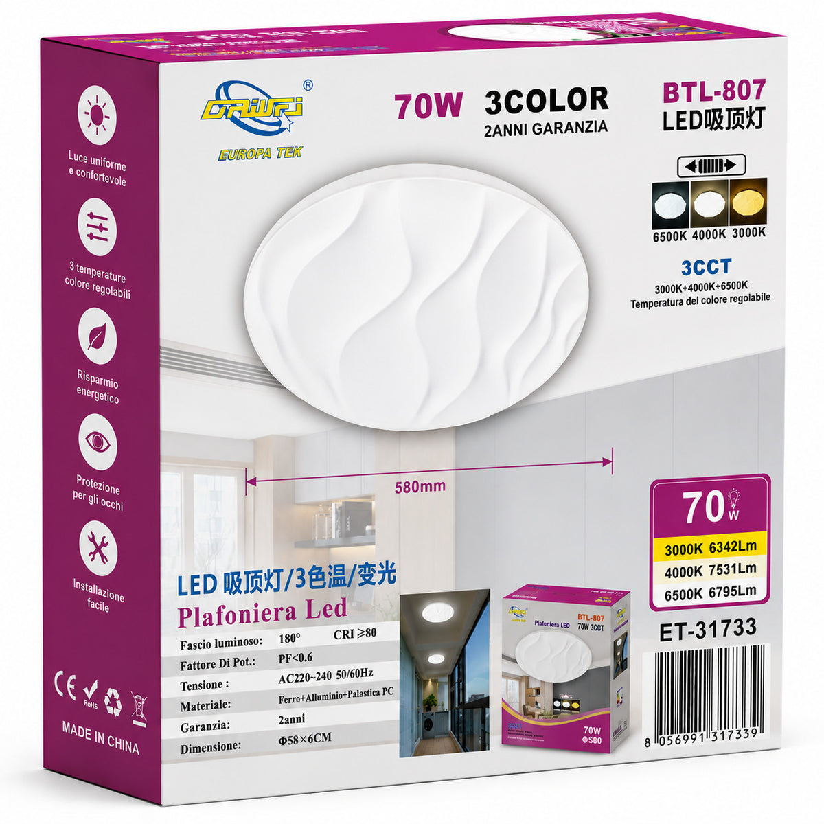 PLAFONIERA LED 70W 3CCT 58CM LAMPADA SOFFITTO LUCE 3000K 4000K 6500K ET-31733