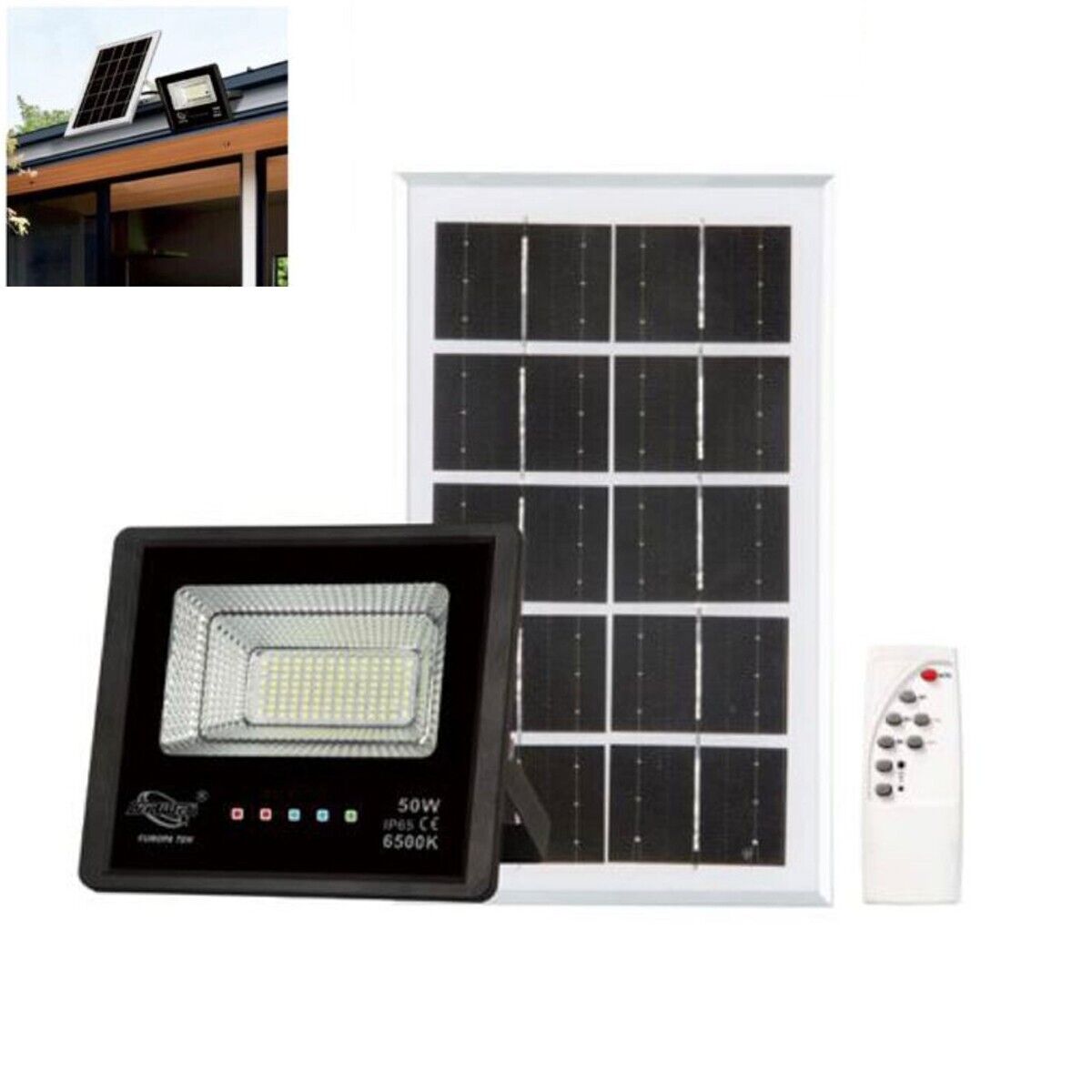 FARO LED FARETTO ALTA LUMINOSITA' PANNELLO SOLARE CREPUSCOLARE TELECOMANDO 50W