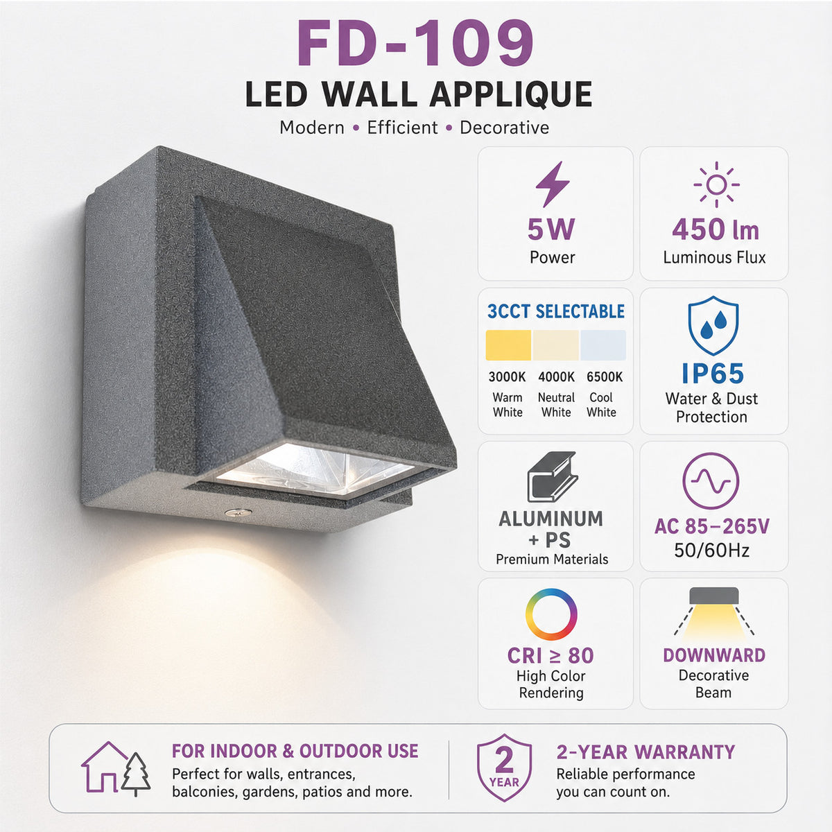 APPLIQUE LED 5W ESTERNO LAMPADA PARETE GRIGIO IP65 3000K 4000K 6000K ET-31695