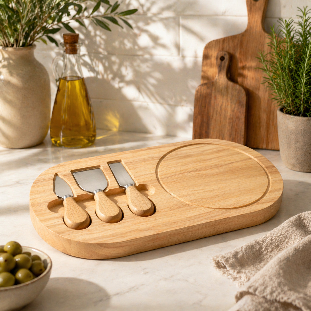 TAGLIERE LEGNO CON COLTELLI FORMAGGI SET 4 PZ TAGLIERE SERVIZIO SALUMI CUCINA