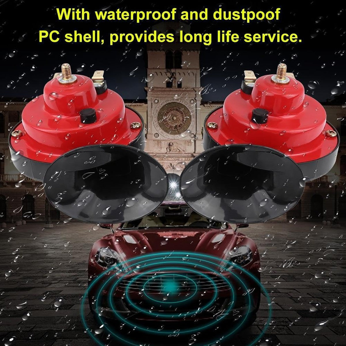 AVERTISSEUR SONORE TROMPETTES VOITURE 12V 110DB ROUGES OEIL DE BOEUF ÉTANCHES UNIVERSELLES 78MM