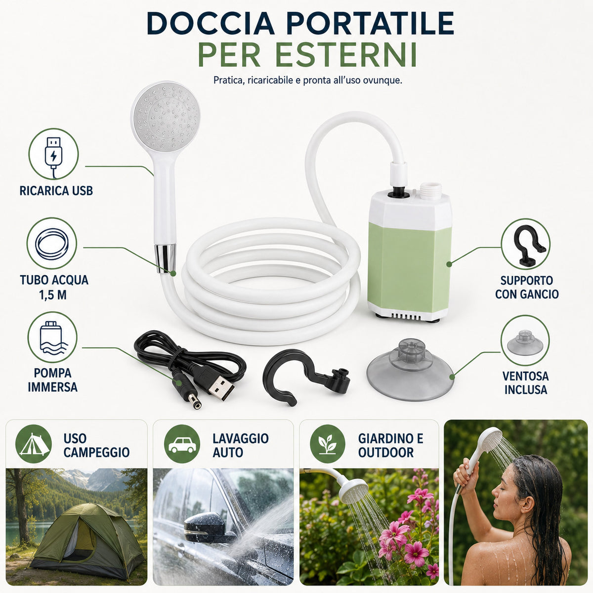 KIT DOCCIA PORTATILE RICARICABILE USB CAMPEGGIO ESTERNO GIARDINO AUTO CASA KE807
