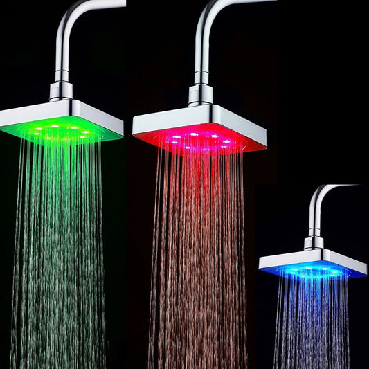 POMME DE DOUCHE CARRÉE MULTICOLORE 6 LED TRANSPARENTE CHROMOTHÉRAPIE 14CM