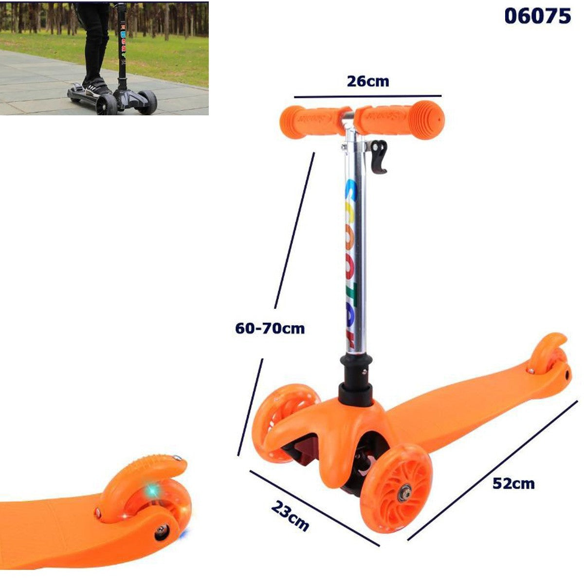 MONOPATTINO BAMBINI 3 RUOTE CON MANUBRIO REGOLABILE E RUOTE LUMINOSE ARANCIONE