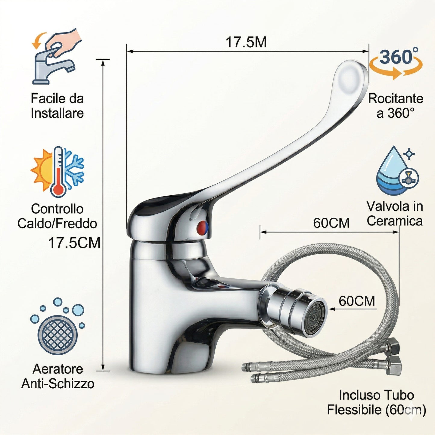RUBINETTO MISCELATORE BIDET MONOCOMANDO LAVANDINO CROMATO LEVA LUNGA JH-5039