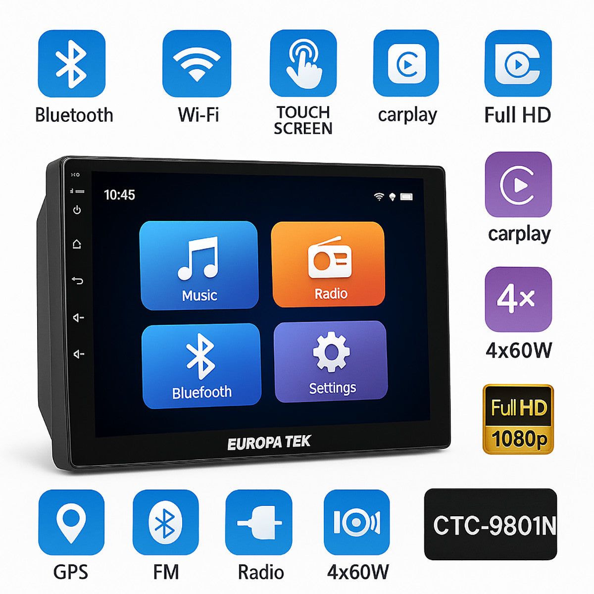 AUTORADIO ANDROID 9" VOITURE WIFI GPS BLUETOOTH 4+64GO HD ÉCRAN TACTILE CTC-9801N