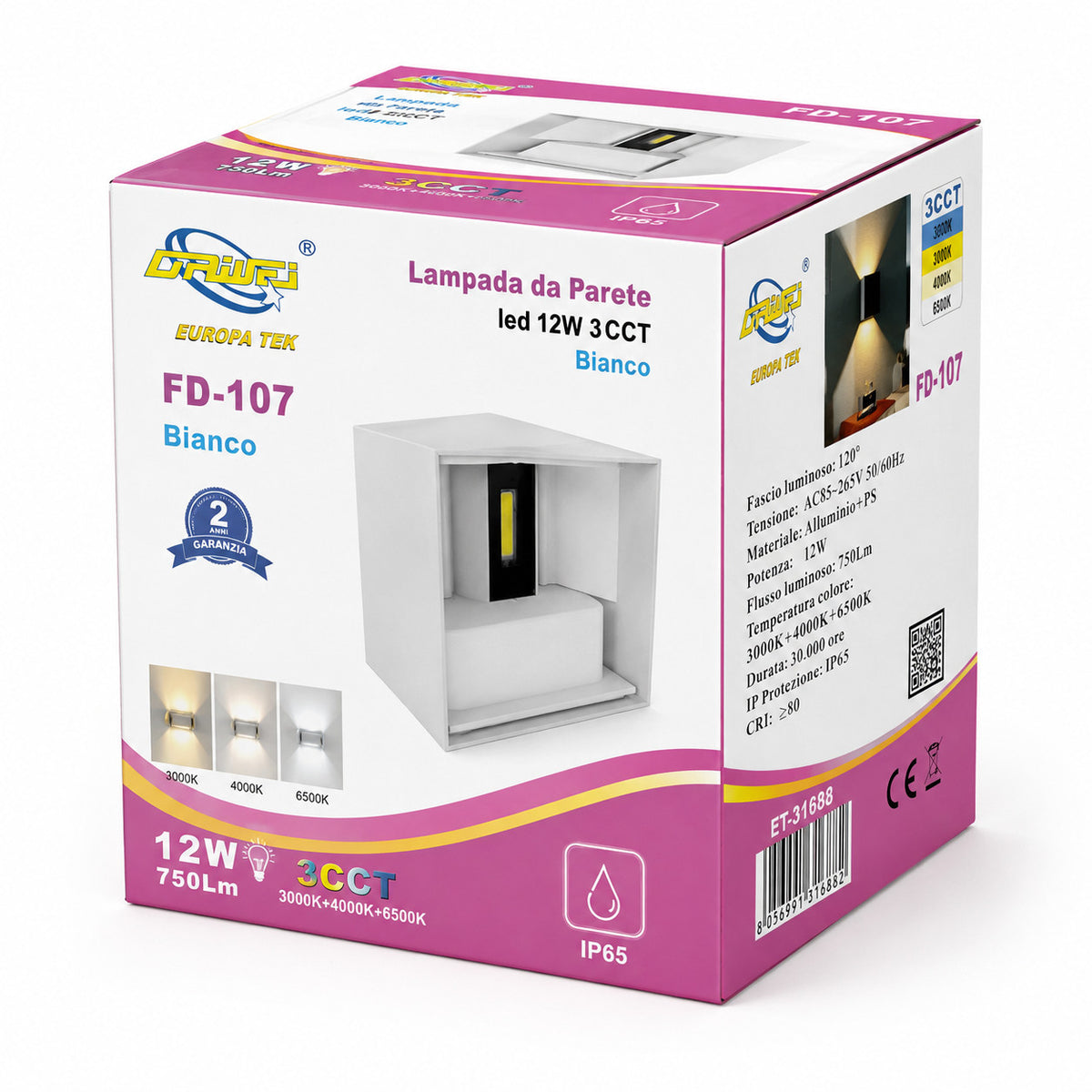 APPLIQUE LED 12W ESTERNO LAMPADA PARETE BIANCA IP65 3000K 4000K 6000K ET-31688