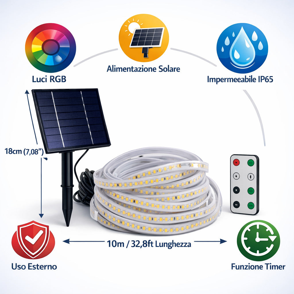 STRISCIA LED SOLARE 10 METRI TELECOMANDO MULTICOLORE RGB PER ESTERNO ET-31613