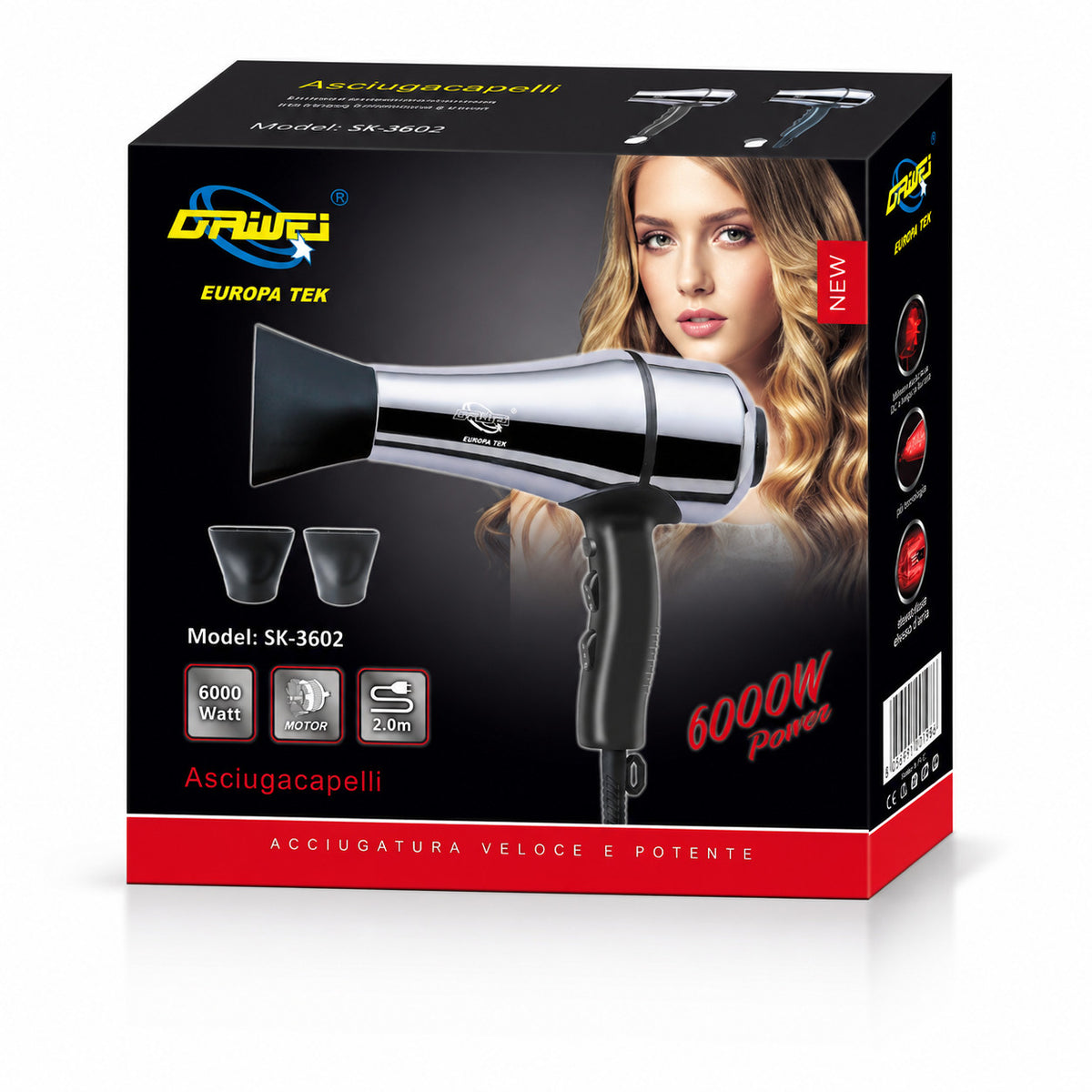 ASCIUGACAPELLI PROFESSIONALE 6000W PHON IONICO CON 2 BOCCHETTE CAPELLI SK-3602
