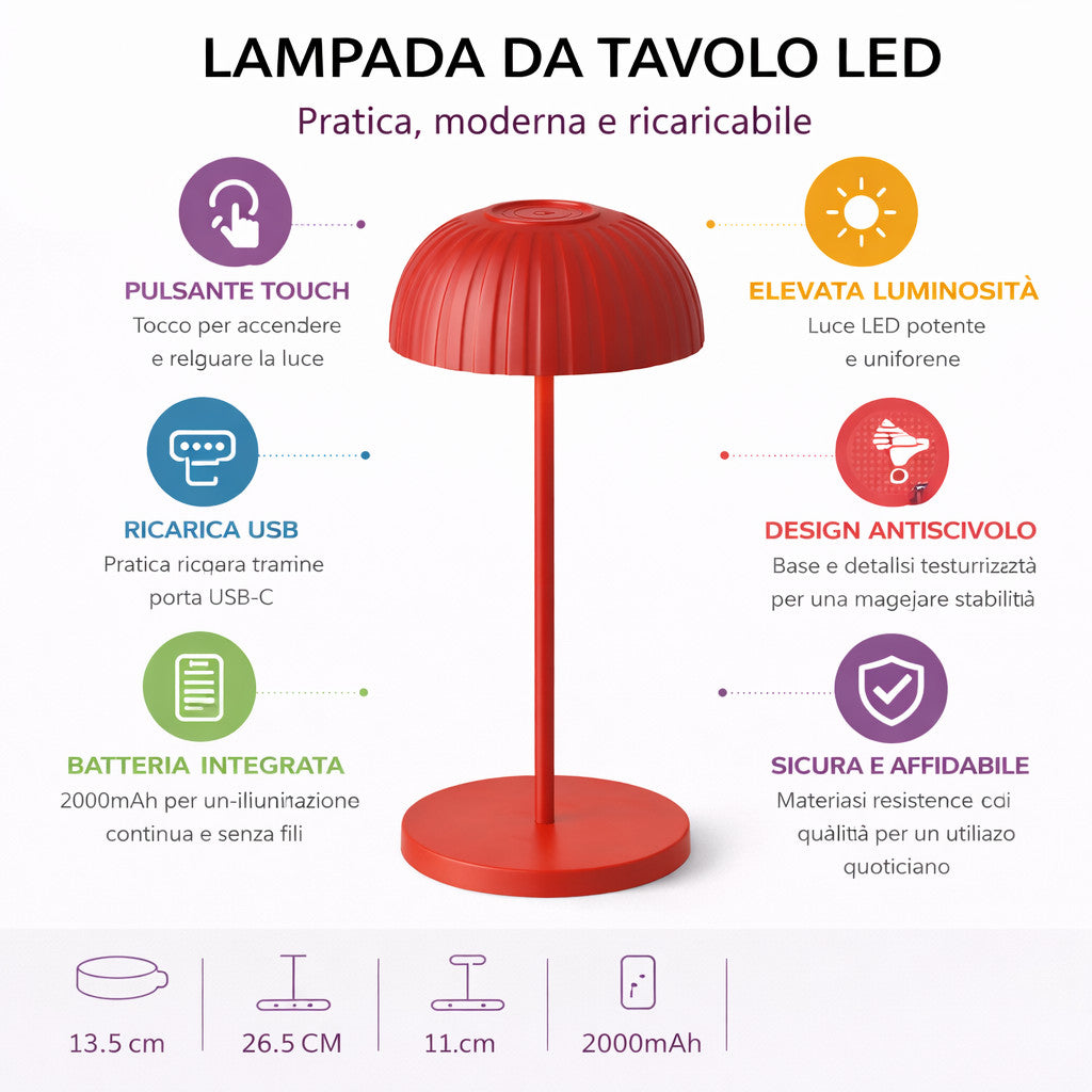 LAMPADA TAVOLO LED RICARICABILE ROSSA TOUCH USB BATTERIA 2000MAH DESIGN LPT144