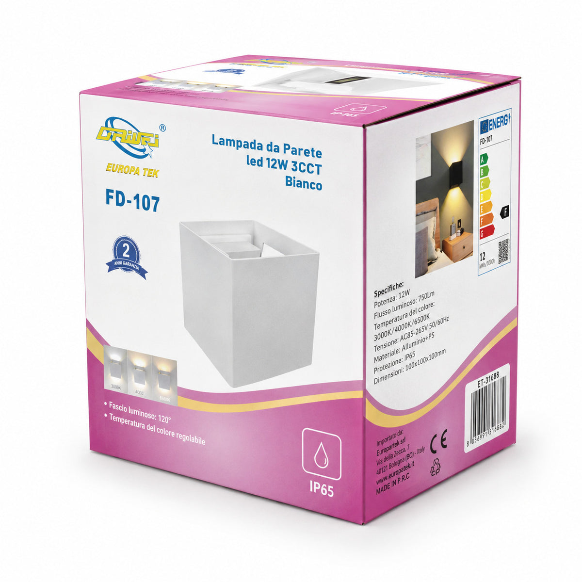 APPLIQUE LED 12W ESTERNO LAMPADA PARETE BIANCA IP65 3000K 4000K 6000K ET-31688